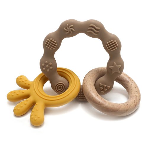 NiKiDs rágóka szilikon és bükkfa gyűrűvel Beige-Mustar