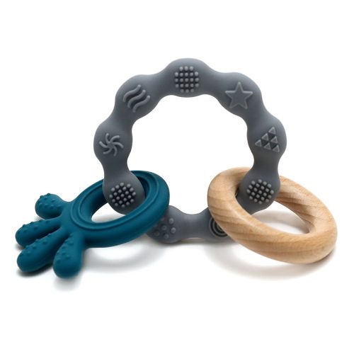 NiKiDs rágóka szilikon és bükkfa gyűrűvel Grey-Blue