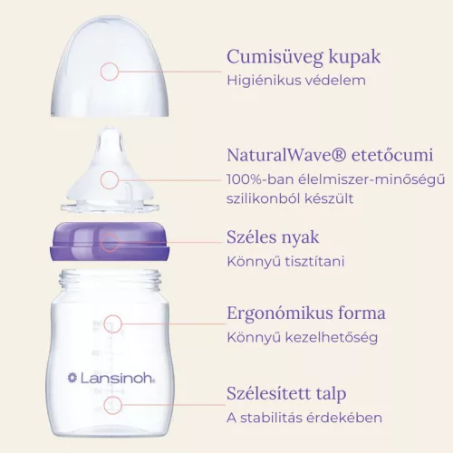 Lansinoh cumisüveg lassú folyású etetőcumival és fedéllel - 160 ml