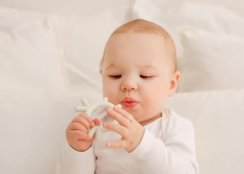 Giligums jól rágható szilikon, csőrös rágóka korall