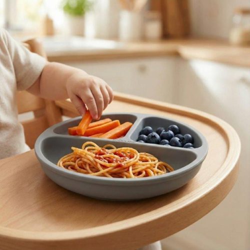 Bocioland 3 rekeszes szilikon tányér tapadókorongokkal - sötétszürke