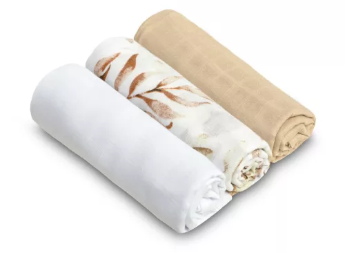 Muszlin pelenka 70x80 cm pamut 3 db - bézs fehér mintás