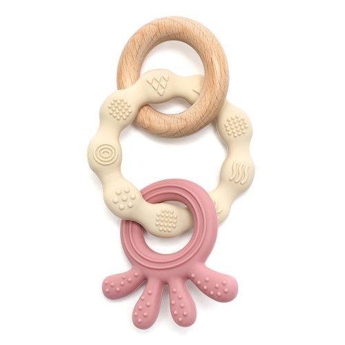 NiKiDs rágóka szilikon és bükkfa gyűrűvel Cream-Pink