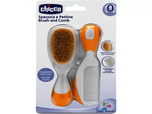Chicco fésű-hajkefe természetes sörtékkel - narancssárga