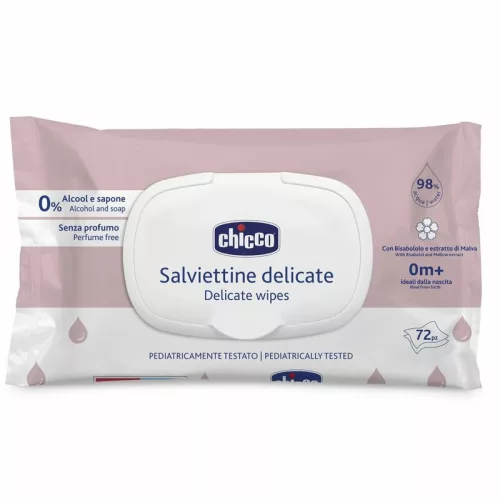 Chicco illatmentes nedves törlőkendő érzékeny bőrre 98% víz 72 db - rózsaszín