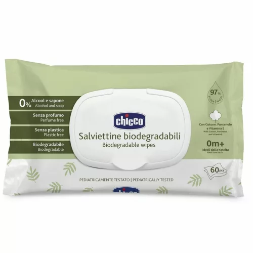 Chicco biológiailag lebomló törlőkendő illatmentes – 60 db (zöld)
