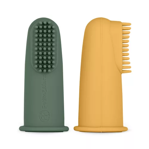 PETITE&MARS Szilikon ujjra húzható fogkefe szett Ochre&Green 2 db 6m+