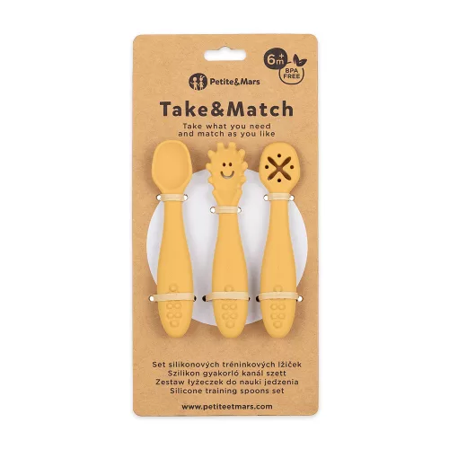 PETITE&MARS Baba szilikon gyakorló kanál szett 3 db Take&Match Intense Ochre 6m+