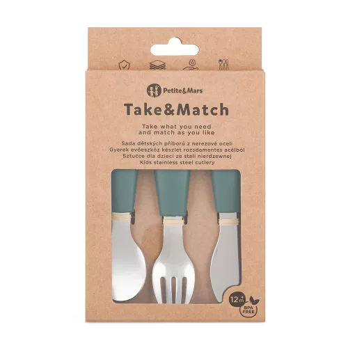 PETITE&MARS Baba evőeszköz készlet rozsdamentes acél Take&Match Misty Green 12m+