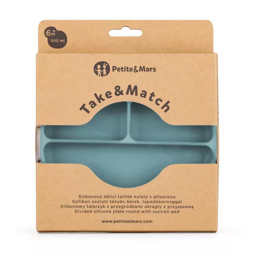 Petite&Mars szilikon osztott tányér - kerek Take&Match Frosted Sky 6m+