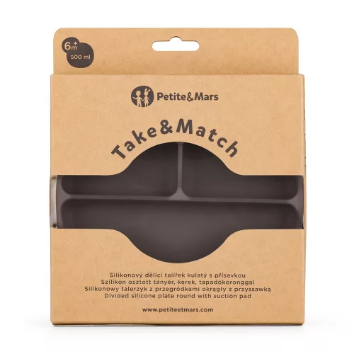 Petite&Mars szilikon osztott tányér - kerek Take&Match Bitter Cocoa 6m+