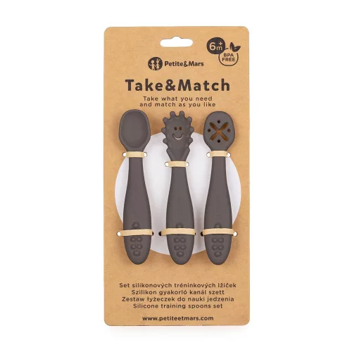 PETITE&MARS Baba szilikon gyakorló kanál szett 3 db Take&Match Bitter Cocoa 6m+