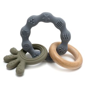 NiKiDs rágóka szilikon és bükkfa gyűrűvel Grey-Green