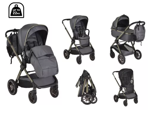 Cangaroo iCLICK Babakocsi 2in1 szett 22kg, aluminium váz, fordítható ülés, autom. csukható SZÜRKE